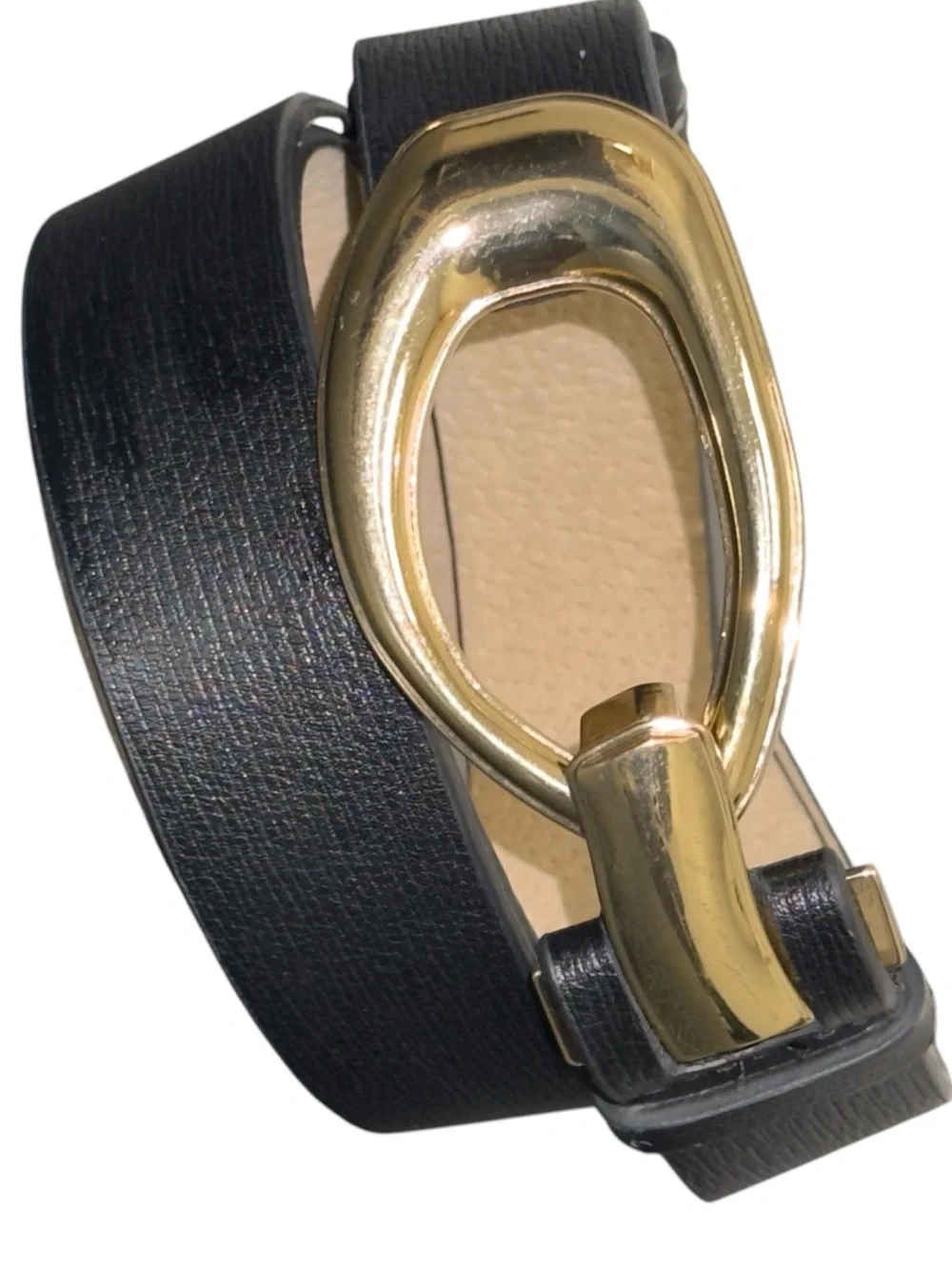 Chico’s Black Genuine Leather Belt M/L Adjustable Gold Statement Buckle
